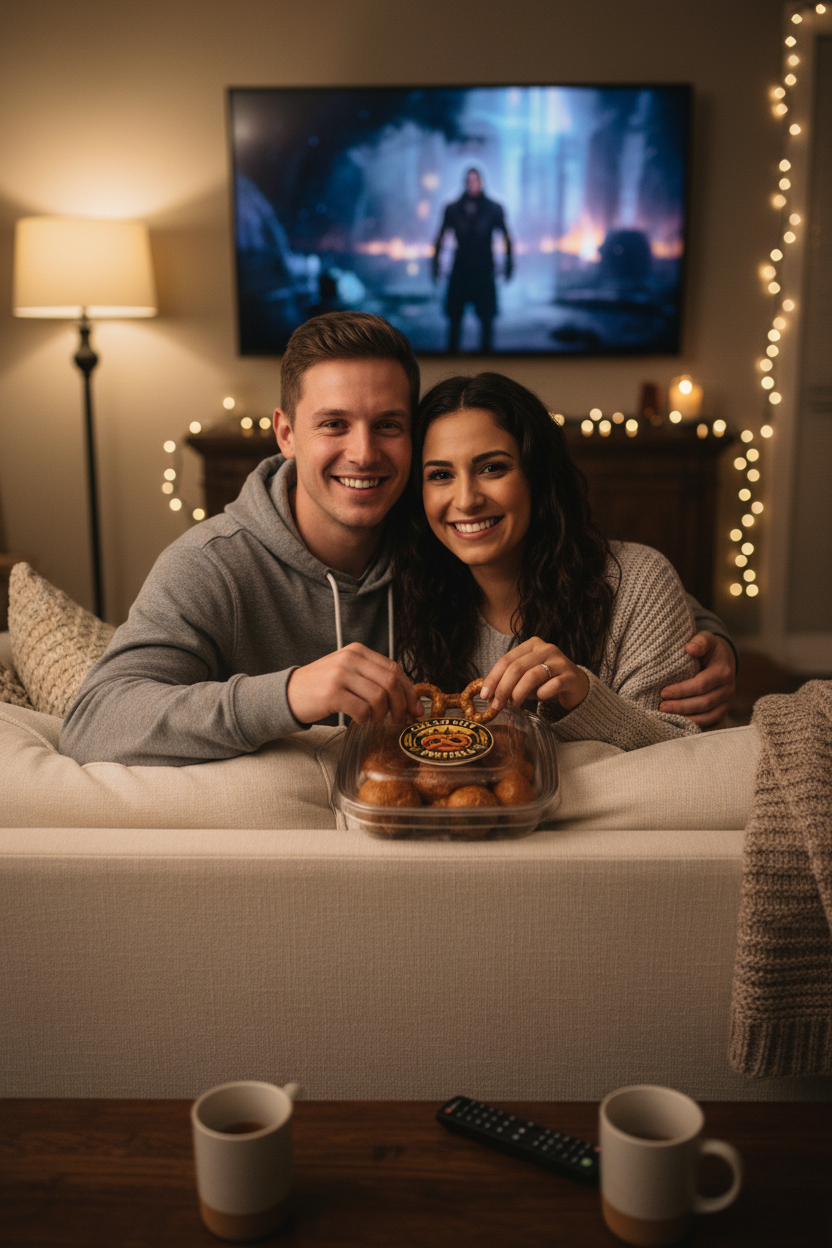 Couple enjoying Cream City Pretzels on movie night